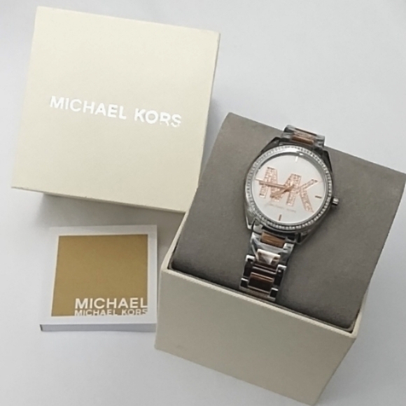 Michael Kors Janelle Women's Pave Crystal Watch MK Logo Dial Rose Gold Silver - Picture 6 of 6